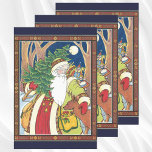 Hoja De Papel De Regalo Vintage Christmas, Santa Claus Deer en la selva<br><div class="desc">Ilustracion de época de estilo victoriano Feliz Navidad. Imagen de Santa Claus que muestra a San Nicolás cargando un árbol de Navidad y picando un ciervo en el bosque, una luna llena en el cielo nocturno. Un alegre Papá Noel está llevando un saco lleno de juguetes y muñecas en la...</div>