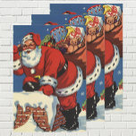Hoja De Papel De Regalo Vintage Christmas, Santa Claus Down Chimney w Toys<br><div class="desc">Ilustracion de época Feliz Navidad diseño con un alegre Santa Claus en un techo cubierto de nieve,  bajando por la chimenea con un saco lleno de juguetes,  regalos envueltos,  osos de peluche y tambores en la víspera de los Navidades. ¡Felices fiestas y saludos de temporada!</div>
