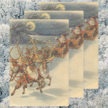 Hoja De Papel De Regalo Vintage Christmas Santa Claus Sleigh with Reindeer<br><div class="desc">Vintage illustration Victorian Merry Christmas holiday scene featuring Santa Claus and his reindeer delivering toys on Christmas Eve. Santa is flying over the snow on a chilly winter night with a full moon in the sky.</div>