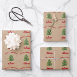 Hoja De Papel De Regalo Vintage Christmas Tree Festix Nombre personalizado<br><div class="desc">Un ilustracion vintage de un árbol de Navidad con todos los adornos con papel marrón kraft se ve de fondo. Ideal para regalos y decoración de Navidades. Personalizar el texto y hazlo propio.</div>