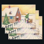 Hoja De Papel De Regalo Vintage Christmas Tree on a Snowley Winter Road<br><div class="desc">Ilustracion Vintage Diseño navideño de Feliz Navidad con una carretera cubierta de nieve durante la temporada invernal. Una familia está trayendo a casa un pino recién cortado o un árbol navideño de abetos en un trineo tirado por un caballo.</div>