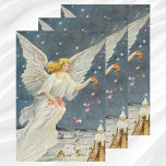 Hoja De Papel De Regalo Vintage Christmas Victorian Angel con estrellas Ro<br><div class="desc">Imagen de festividad religiosa de Navidades de ilustracion de época con un ángel victoriano en el cielo nocturno con brillantes estrellas. Esta angélica dama está arrojando flores rosadas en una pequeña ciudad o pueblo en la nieve en invierno.</div>