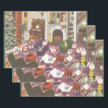 Hoja De Papel De Regalo Vintage Christmas Wrapping Presenta en la Sala de<br><div class="desc">Ilustracion de época Feliz Navidad diseño con el interior de una sala de estar con un espejo sobre la chimenea, muebles y una lámpara de araña. Esta acogedora habitación está llena de regalos, papel de envoltura y cinta de correr por la noche de los Navidades. Un lindo gatito está durmiendo...</div>