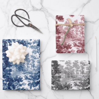 Hoja De Papel De Regalo Vintage Cottage Landscape Toile-Blue, Pink, Black