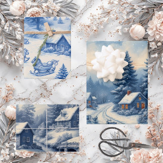 Hoja De Papel De Regalo Vintage Engraved French Toile Blue Cottage Winter