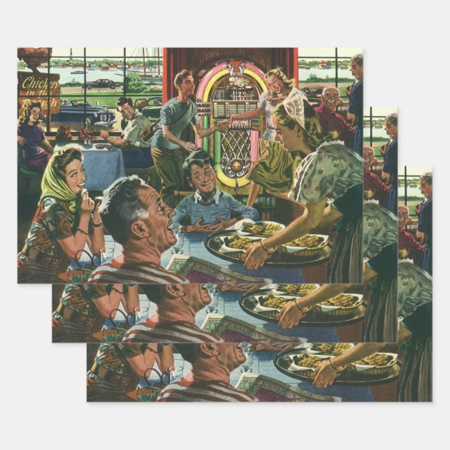 Hoja De Papel De Regalo Vintage Family Dinner en una cena con jukebox (Set)