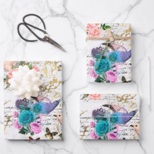 Hoja De Papel De Regalo Vintage Flor de pájaro Mariposa Art Mármol blanco