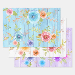 Hoja De Papel De Regalo Vintage floral acuarela azul rústico madera