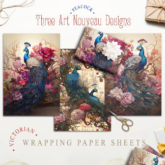 Hoja De Papel De Regalo Vintage Floral Peacock Victoriano Art Nouveau