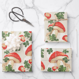 Hoja De Papel De Regalo Vintage Forest Mushroom Lucky Clover Pattern
