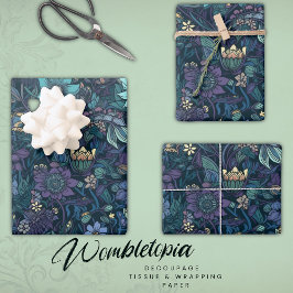 Hoja De Papel De Regalo Vintage Midnight Garden Blue Floral Decoupage