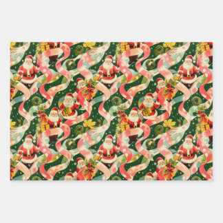 Hoja De Papel De Regalo Vintage Navidad Santa Claus y Ribbons