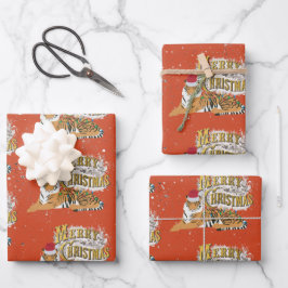 Hoja De Papel De Regalo Vintage Navidad Tigre y Feliz Navidad