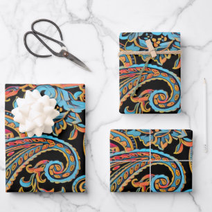 Hoja De Papel De Regalo Vintage Paisley, Naranja del cielo azul y otoño