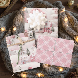 Hoja De Papel De Regalo Vintage Pink Snow Village Plaid Navidades