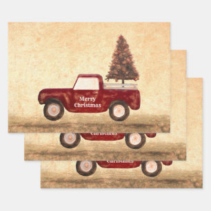 Hoja De Papel De Regalo Vintage Red Truck Christmas Tree Rustic Farmhouse
