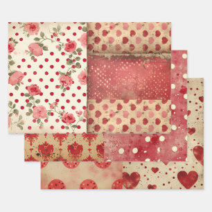 Hoja De Papel De Regalo Vintage Shabby Chic Mitad Mezcla Red Floral Heart 