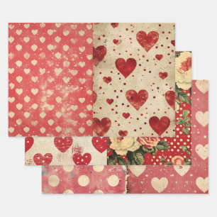 Hoja De Papel De Regalo Vintage Shabby Chic Mitad Mezcla Red Floral Heart 