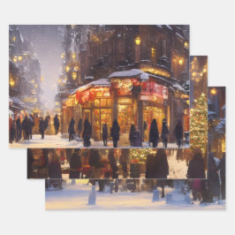 Hoja De Papel De Regalo Vintage Snowy Street – Festive Holiday Gift Wrap
