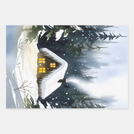 Hoja De Papel De Regalo Vintage Winter Cabin Watercolor Christmas