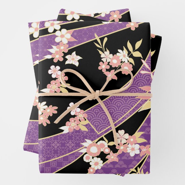 Hoja De Papel De Regalo Violeta de patrón de Kimono floral (In situ)