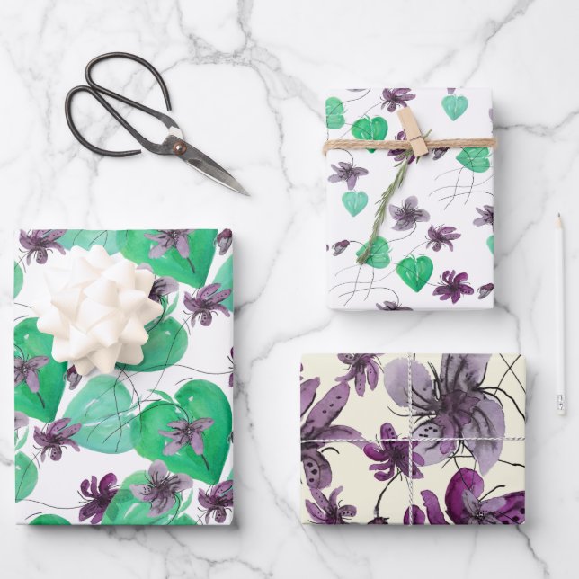 Hoja De Papel De Regalo Violetas salvajes acuarela pintada a mano (Anverso)