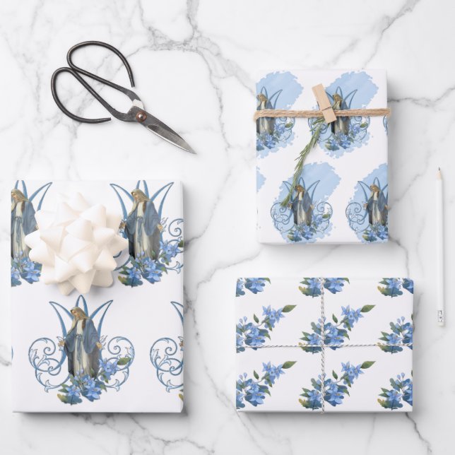 Hoja De Papel De Regalo Virgen Católica María Flora Azul Religiosa  (Anverso)