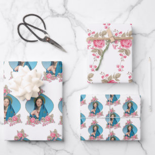 Hoja De Papel De Regalo Virgen Católica María Rosa Religiosa