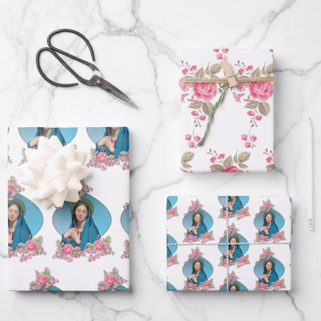 Hoja De Papel De Regalo Virgen Católica María Rosa Religiosa (Anverso)