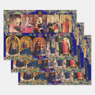 Hoja De Papel De Regalo VIRGEN, NIÑOS Y ÁNGELES, Navidades Florales Azul O