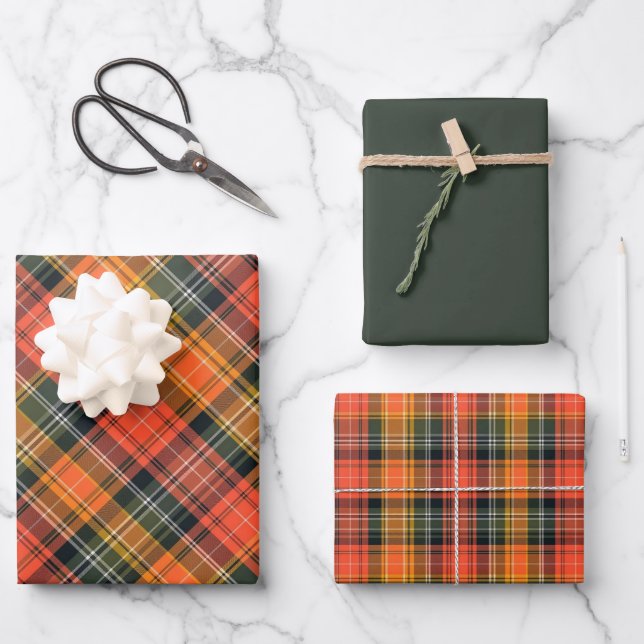 Hoja De Papel De Regalo Vivid Naranja, Green & Gold Plaid (Anverso)