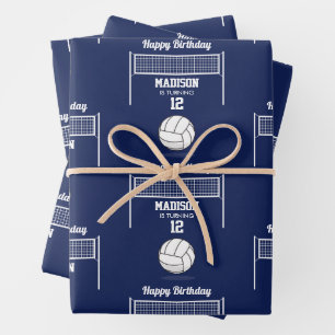Hoja De Papel De Regalo Voleibol Ball & Net Navy nombre de cumpleaños azul