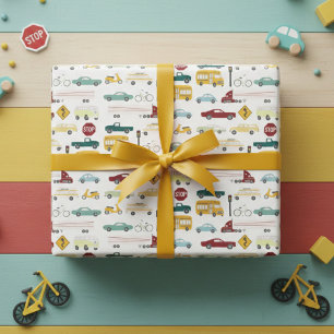 Hoja De Papel De Regalo ¡Vroom! Patrón de tráfico Camiones Bus Bike Bday