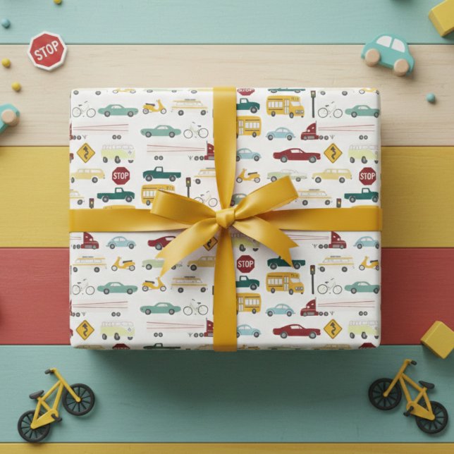 Hoja De Papel De Regalo ¡Vroom! Patrón de tráfico Camiones Bus Bike Bday (Vroom! Traffic Pattern Cars Trucks Bus Bike Birthday Wrapping Paper Sheets
)