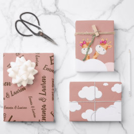 Hoja De Papel De Regalo Watercolor Bebé Giraffe, Gemelos Safari Cumpleaños