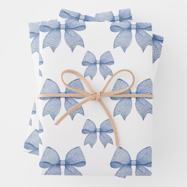 Hoja De Papel De Regalo Watercolor Blue Gingham Bow (In situ)