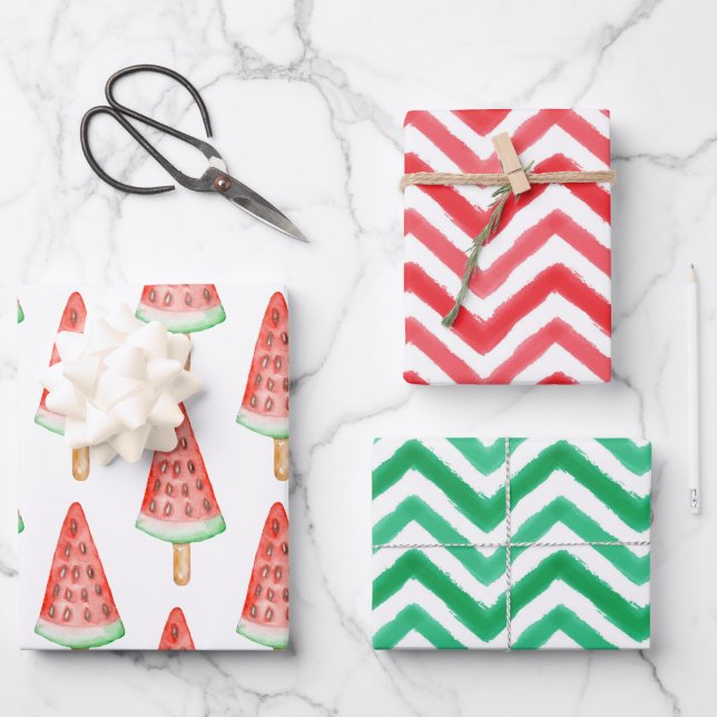 Hoja De Papel De Regalo Watercolor Chevron Watermelon Popsicle (Anverso)