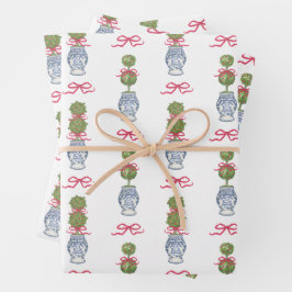 Hoja De Papel De Regalo Watercolor Chinoiserie Navidades Topiary Red Bow
