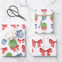 Watercolor Chinoiserie Red Bow Topiary