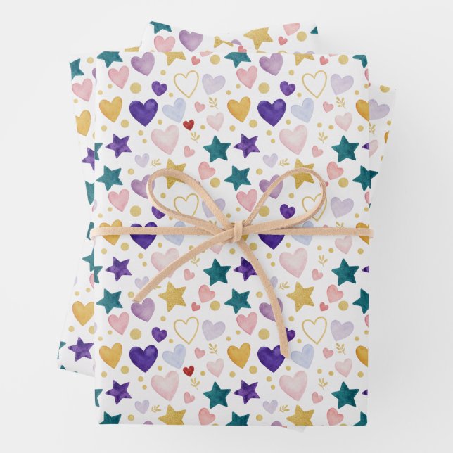 Hoja De Papel De Regalo Watercolor Hearts & Shimmering Stars (In situ)