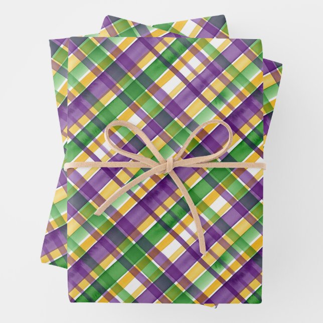 Hoja De Papel De Regalo Watercolor Mardi Gras Plaid (In situ)