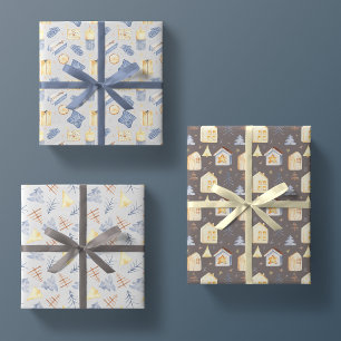 Hoja De Papel De Regalo Watercolor Nórdico Hygge Cute Navidades 3 Paquete