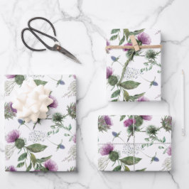 Hoja De Papel De Regalo Watercolor Purple Thistle Botanical Pattern
