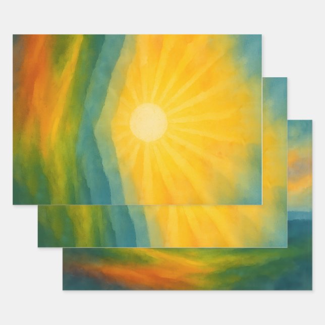 Hoja De Papel De Regalo Watercolor Sunrise Landscape Painting (Set)