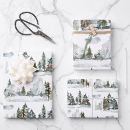 Hoja De Papel De Regalo Watercolor Winter Scene Woodland Forest Reindeer