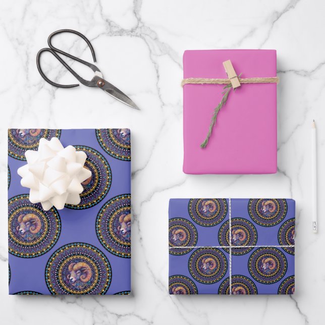 Hoja De Papel De Regalo Whimsical Aries Zodiac Rótulo Polka Dot Mandala (Anverso)