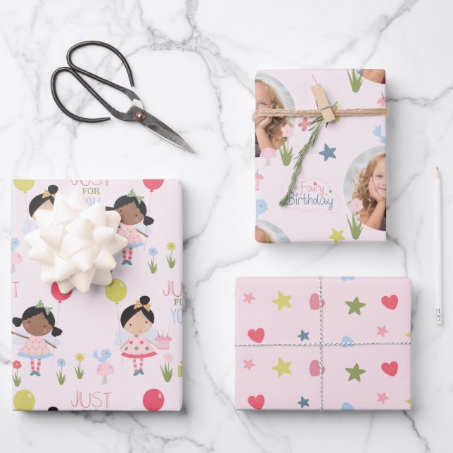 Hoja De Papel De Regalo Whimsical Birthday fairy pink personalizado Wrappi (Anverso)