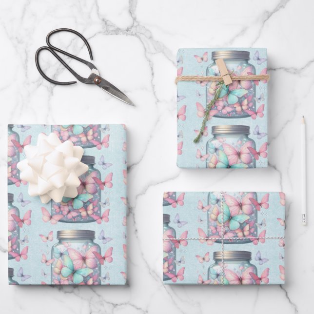Hoja De Papel De Regalo  Whimsical Butterflies in a Jar Pattern (Anverso)