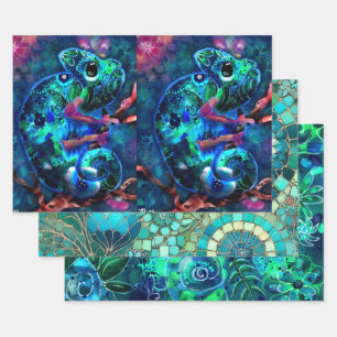 Hoja De Papel De Regalo Whimsical Chameleon Floral Blue Green Decoupage