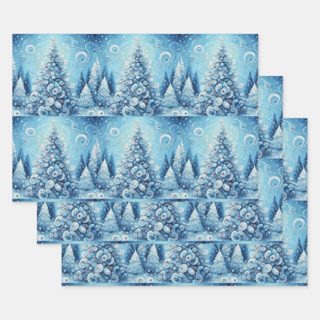 Hoja De Papel De Regalo Whimsical Christmas Tree Blue Decoupage (Set)